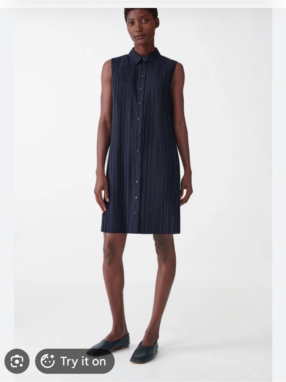 COS Sleeveless Navy Plisse Pleated Midi Shirt Dress Sz 10